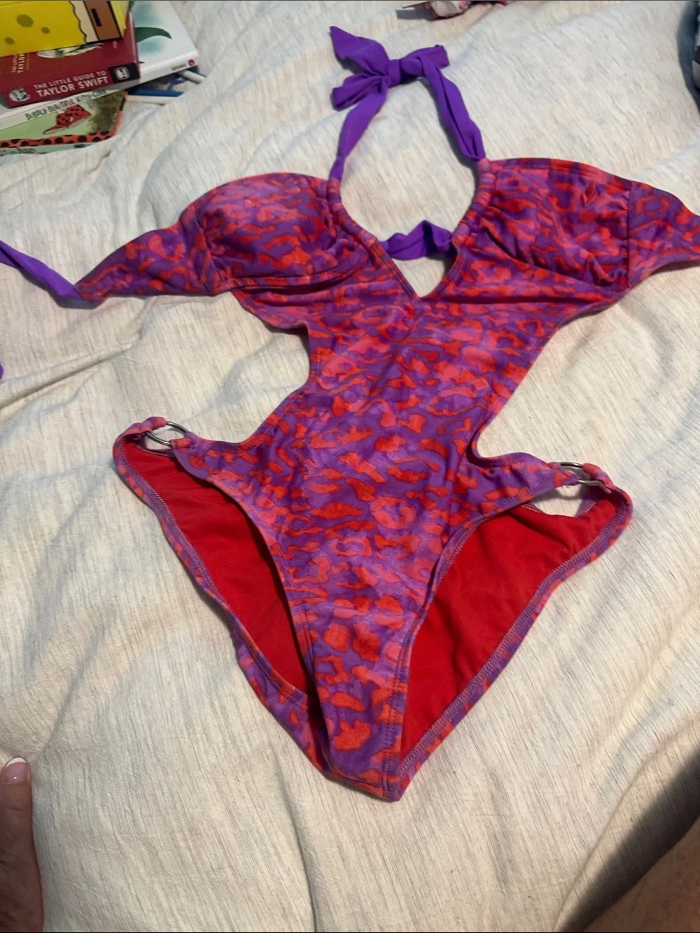 Women’s Purple & Red One-Piece Swimsuit - Stylish Cutout Design